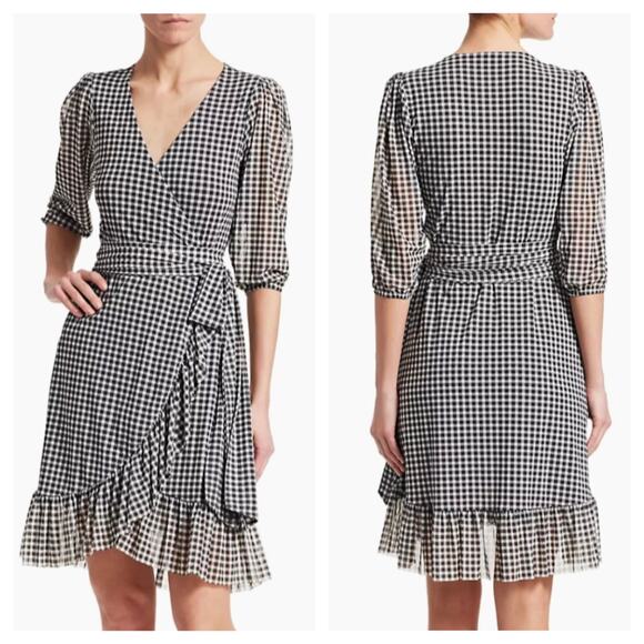 Ganni Gingham Mesh Wrap Mini Dress Size 40 Ruffle Stretch Black White Check - Picture 13 of 13